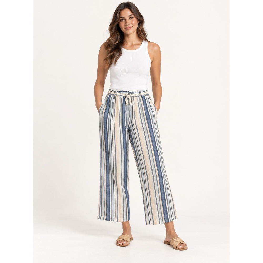 Dash Linen Pants Womens Large New Blue Seafoam Striped Crop Casual Beach #III4-1